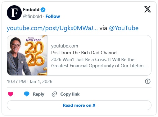 《富爸爸》作者清崎首发2026市场预言：黑天鹅或引爆危机，赢家押注黄金白银等