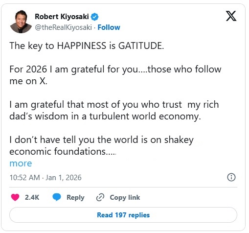 《富爸爸》作者清崎首发2026市场预言：黑天鹅或引爆危机，赢家押注黄金白银等